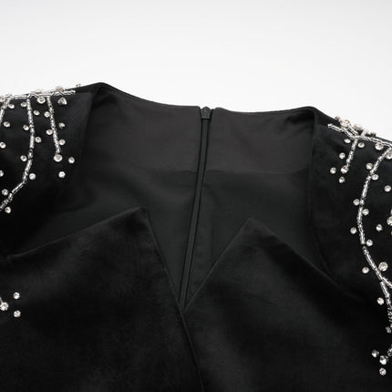 Willow Mini Dress Crystal Belt Black Velvet Long Sleeve V-Neck Crystal Embellishments Adjustable Waist Belt Rear Zip Fastening Thigh Length Special Occasions 80% Terylene 13% Acrylic Fiber 7% Polyamide