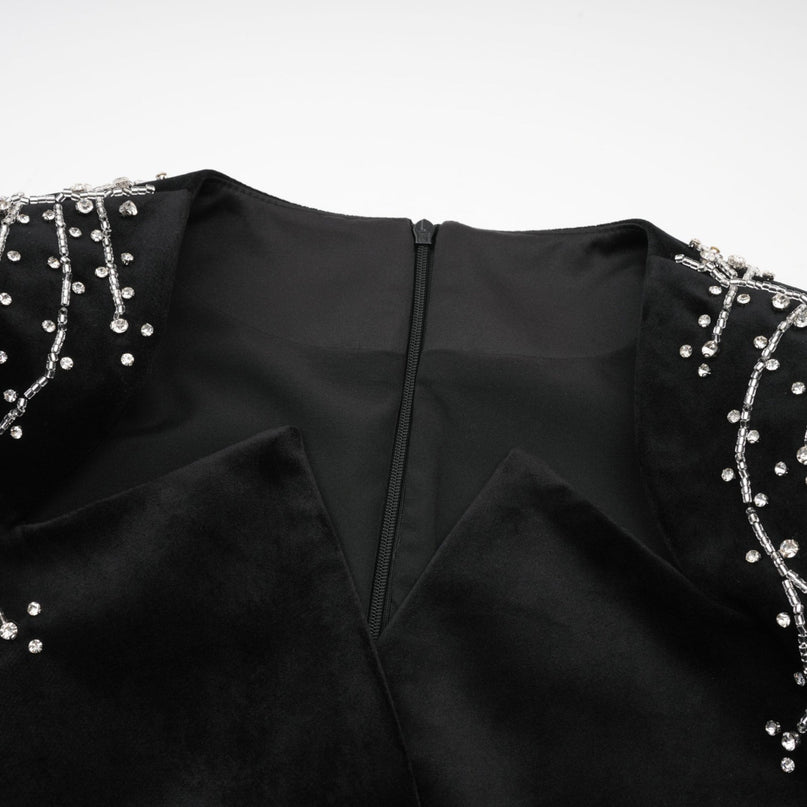 Willow Mini Dress Crystal Belt Black Velvet Long Sleeve V-Neck Crystal Embellishments Adjustable Waist Belt Rear Zip Fastening Thigh Length Special Occasions 80% Terylene 13% Acrylic Fiber 7% Polyamide