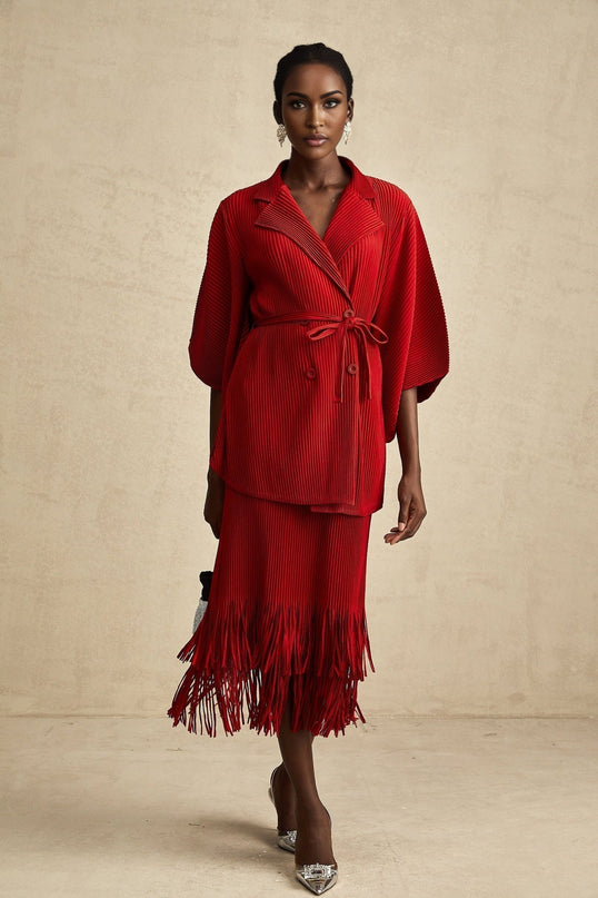 Willow Red Pleated Jacket and Skirt Matching Set