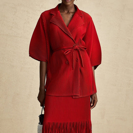 Willow Red Pleated Matching Set Jacket and Skirt