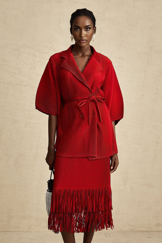 Willow Red Pleated Matching Set Jacket and Skirt