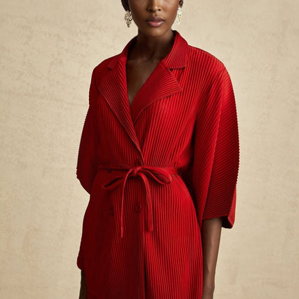 Willow Red Pleated Matching Set Jacket Skirt Fringe Design