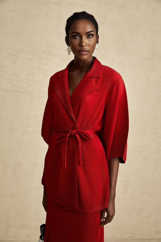 Willow Red Pleated Matching Set Jacket Skirt Fringe Design