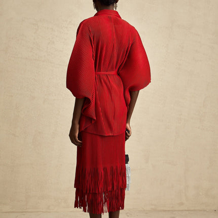 Willow Red Pleated Matching Set Jacket Skirt