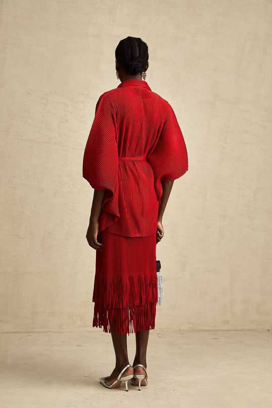 Willow Red Pleated Matching Set Jacket Skirt