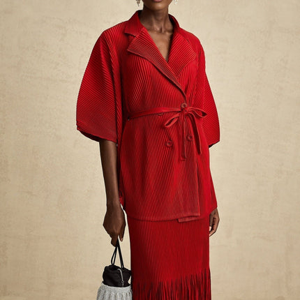 Willow Red Pleated Matching Set Jacket Skirt