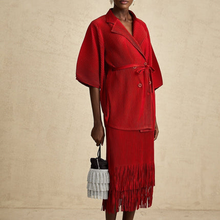 Willow Red Pleated Matching Set Jacket Skirt