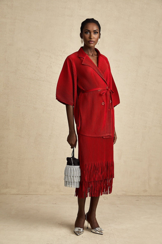Willow Red Pleated Matching Set Jacket Skirt