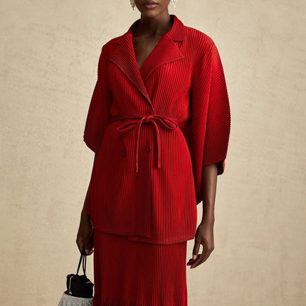 Willow Red Pleated Matching Set Jacket Skirt