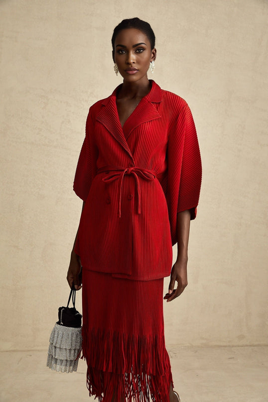 Willow Red Pleated Matching Set Jacket Skirt