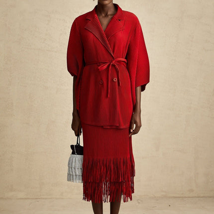 Willow Red Pleated Matching Set Jacket Skirt