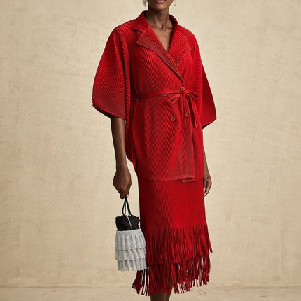 Willow Red Pleated Matching Set Jacket Skirt