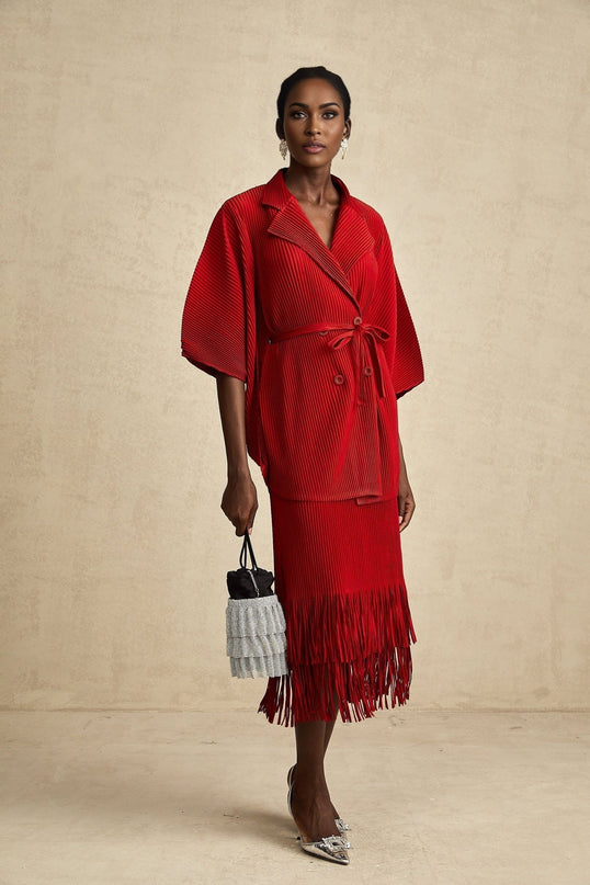 Willow Red Pleated Matching Set Jacket Skirt