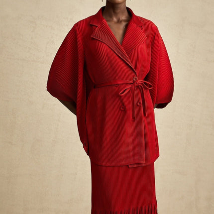 Willow Red Pleated Matching Set Jacket Skirt