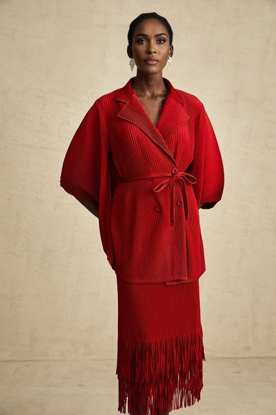 Willow Red Pleated Matching Set Jacket Skirt