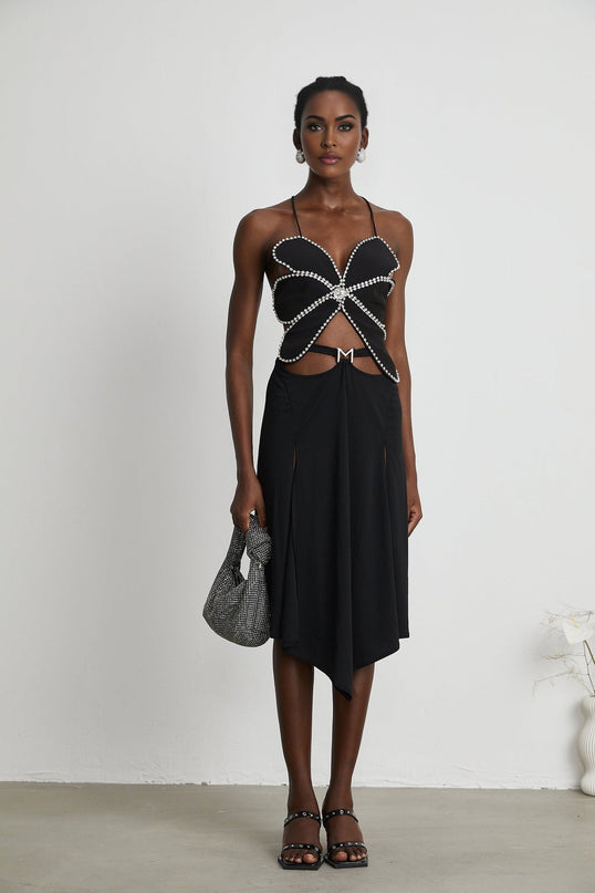 Winter Black Logo Motif Cut Out Detail Flared Midi Skirt