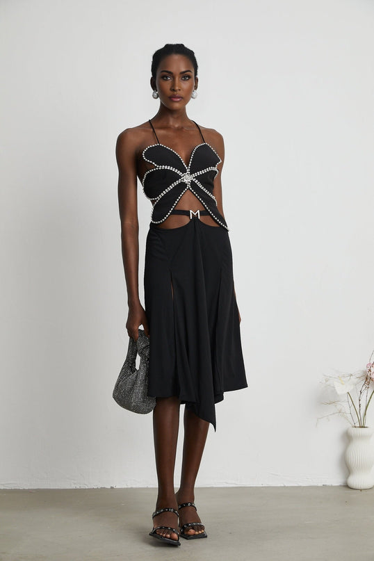 Winter Black Logo Motif Cut Out Detail Flared Midi Skirt