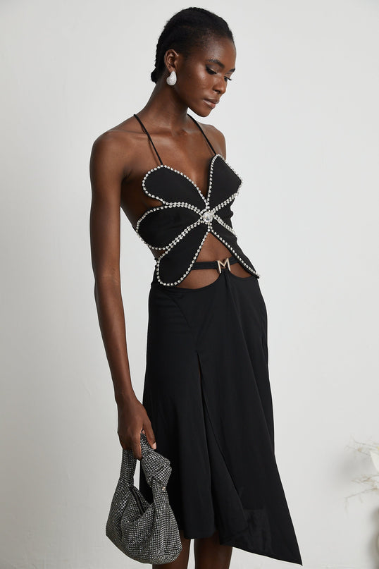 Winter Black Logo Motif Cut Out Detail Flared Midi Skirt