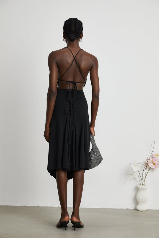 Winter Black Logo Motif Cut Out Detail Flared Midi Skirt