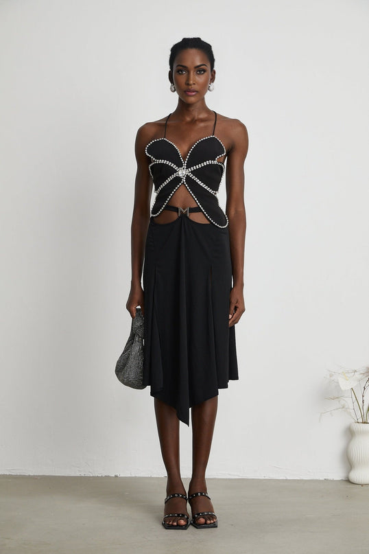 Winter Black Logo Motif Flared Midi Skirt