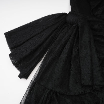 Black one shoulder dress with lace embroidery long sleeves and side high slit