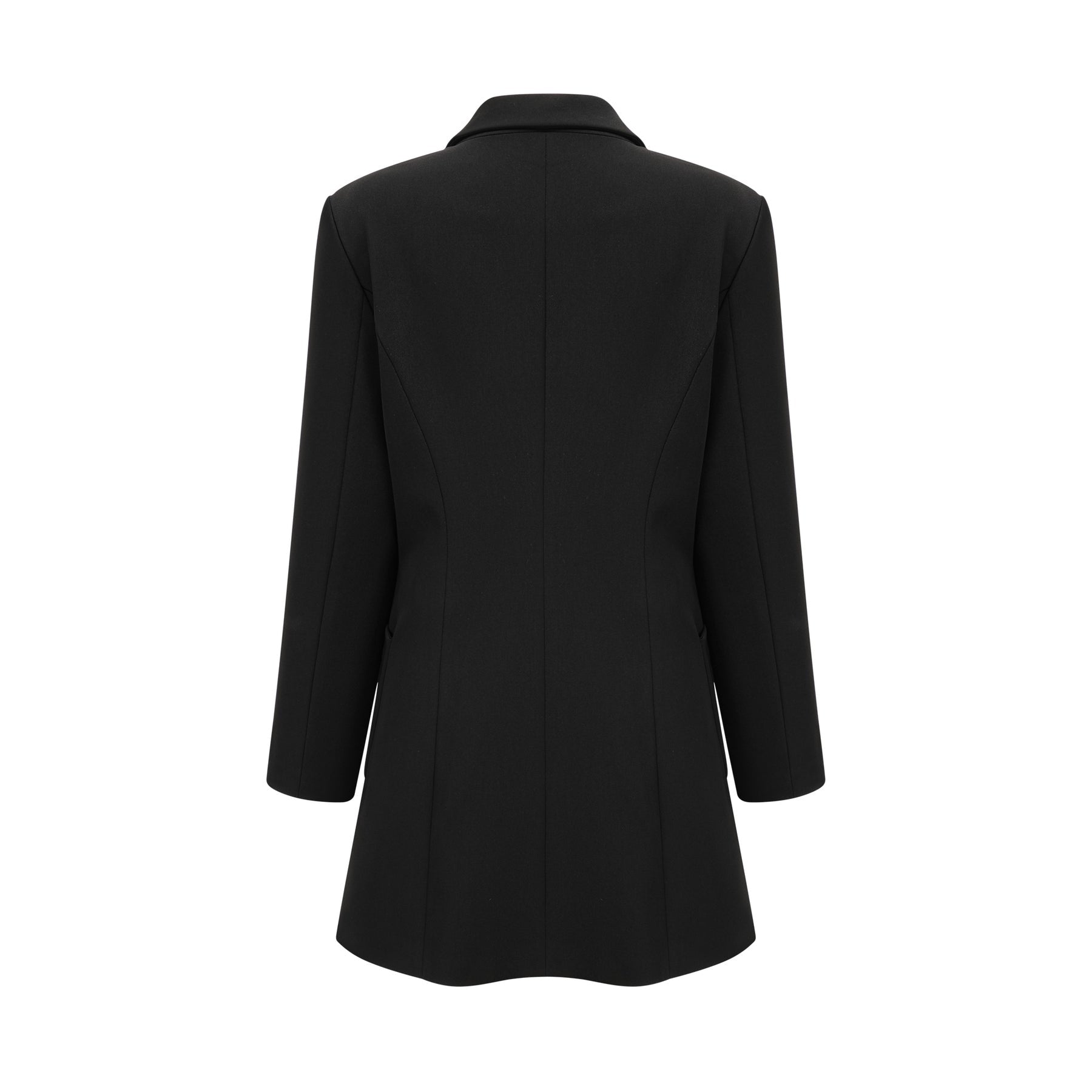 Woman wearing a black blazer dress with single breasted design and fitted silhouette