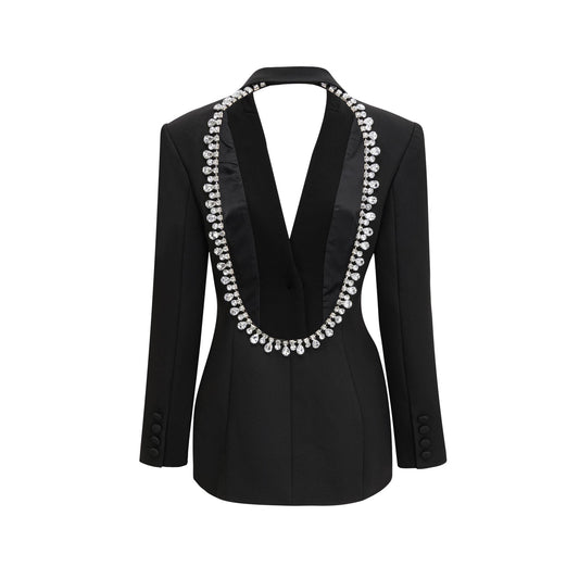Black dress with long sleeves notched lapels scoop back buttoned cuffs fitted waistline crystal embellishment and front button fastening