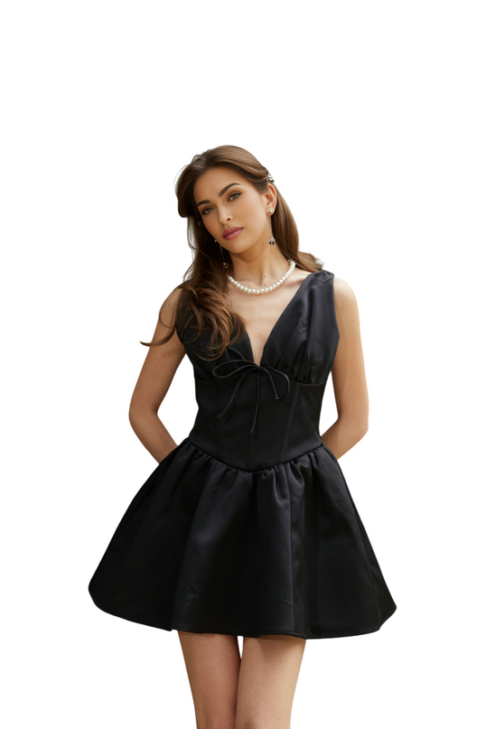 Federica Mini Dress V-neck Flared Bow Tie Jacqueline van Hoef