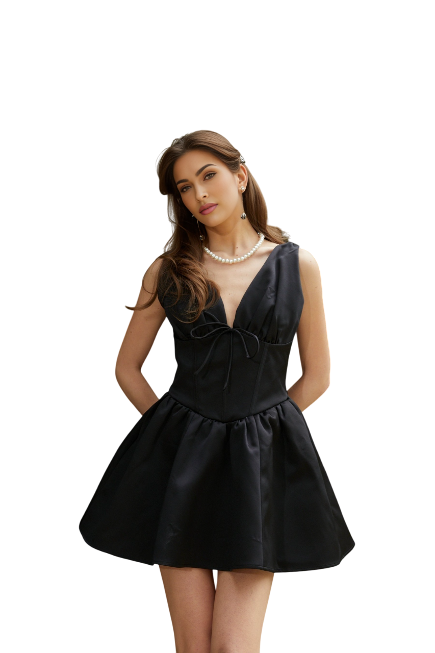 Federica Mini Dress Black VNeck Bowknot Flared Bow Tie