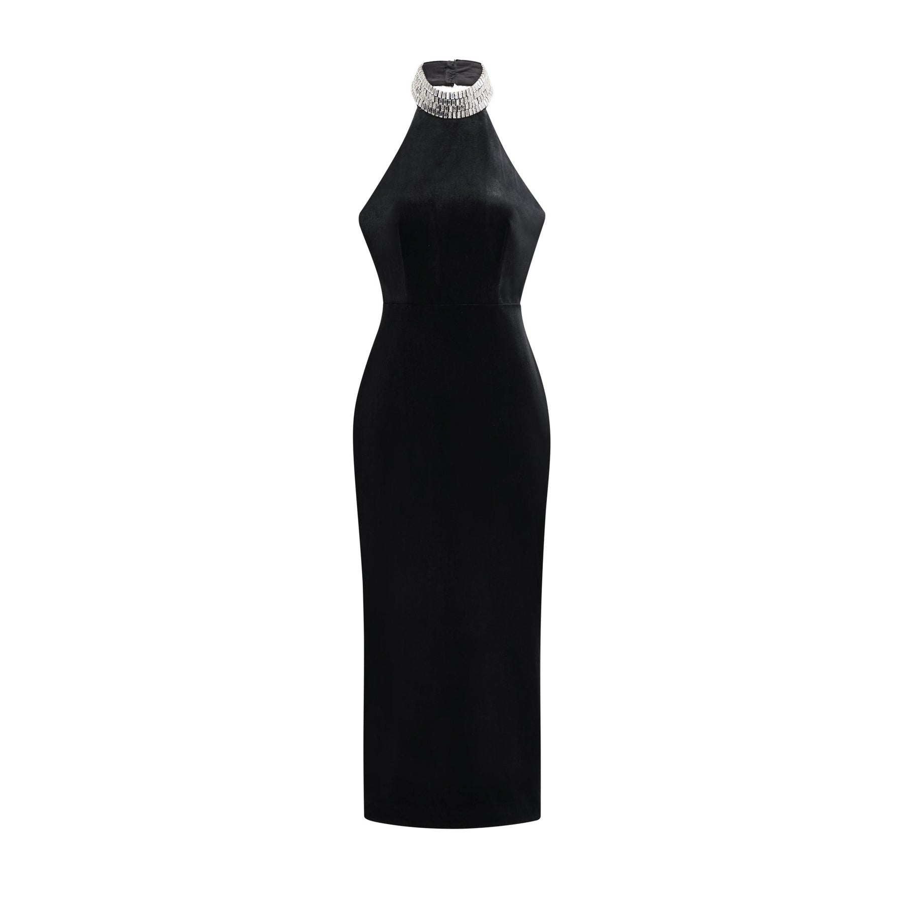 Black sleeveless anklelength dress with an embellished crystal turtle neck and side slit Rear zip closure made of 100% Polyester