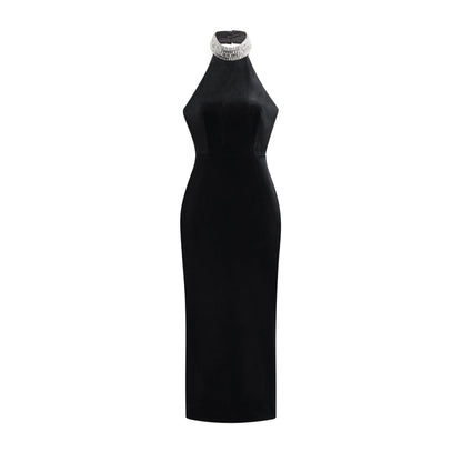 Black sleeveless anklelength dress with an embellished crystal turtle neck and side slit Rear zip closure made of 100% Polyester