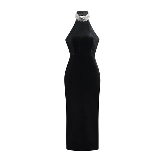 Black sleeveless anklelength dress with an embellished crystal turtle neck and side slit Rear zip closure made of 100% Polyester