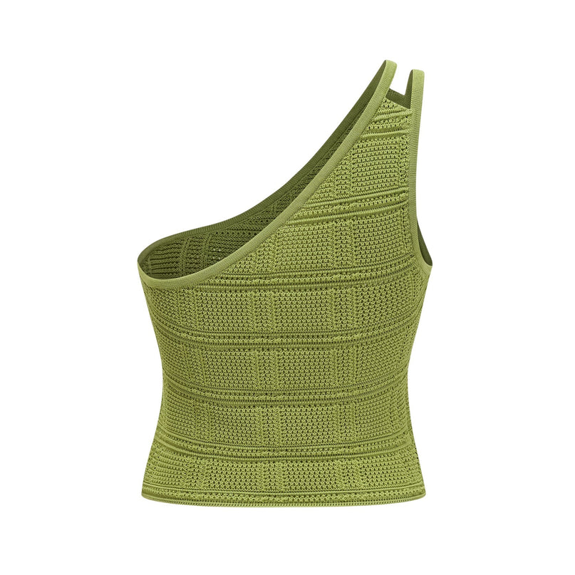 Woman wearing a green knitted top and matching skirt set with embellishments named Annette