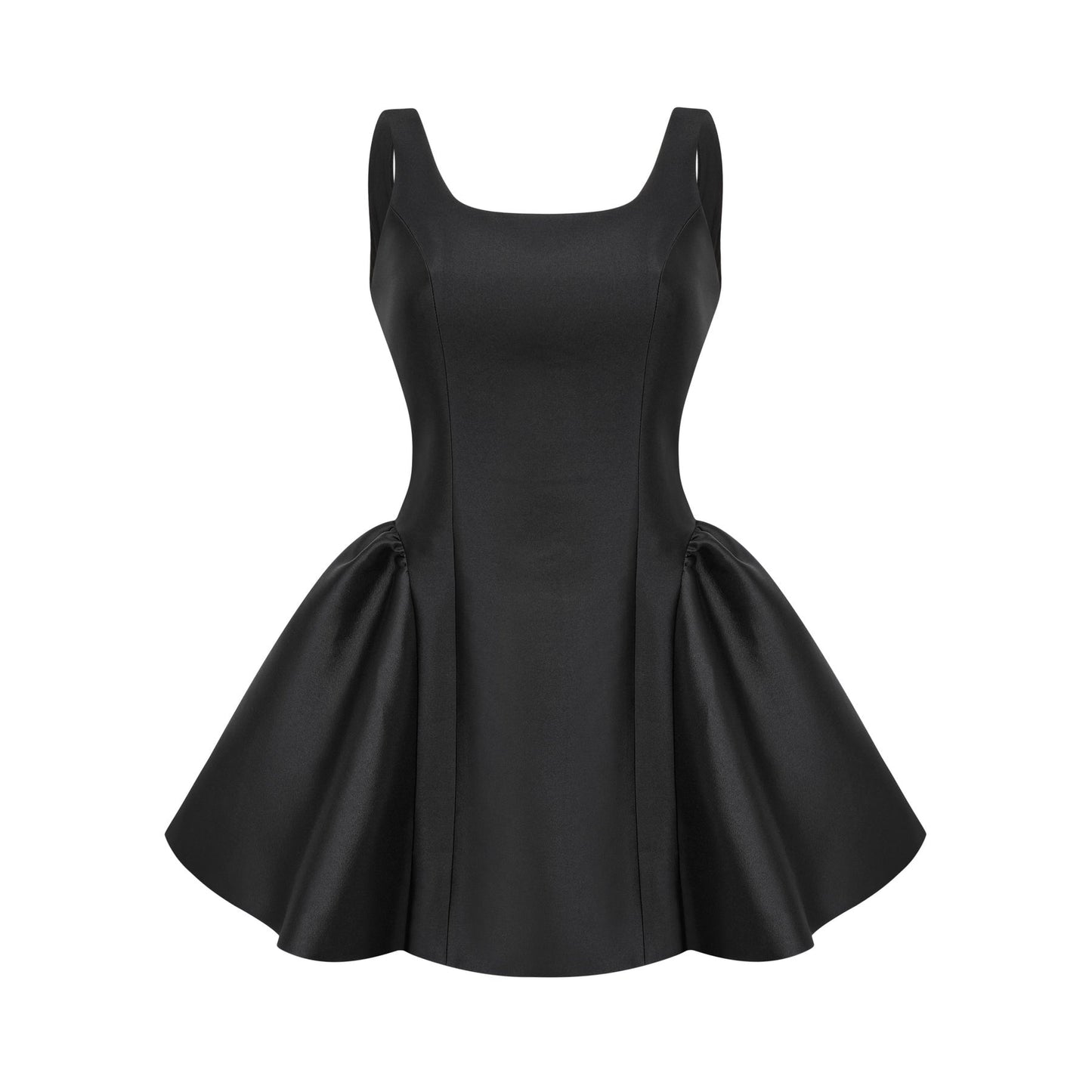 Sleeveless black mini dress with square neck highwaisted openback detail and a puffed design at waistline