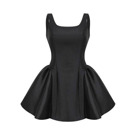 Sleeveless black mini dress with square neck highwaisted openback detail and a puffed design at waistline