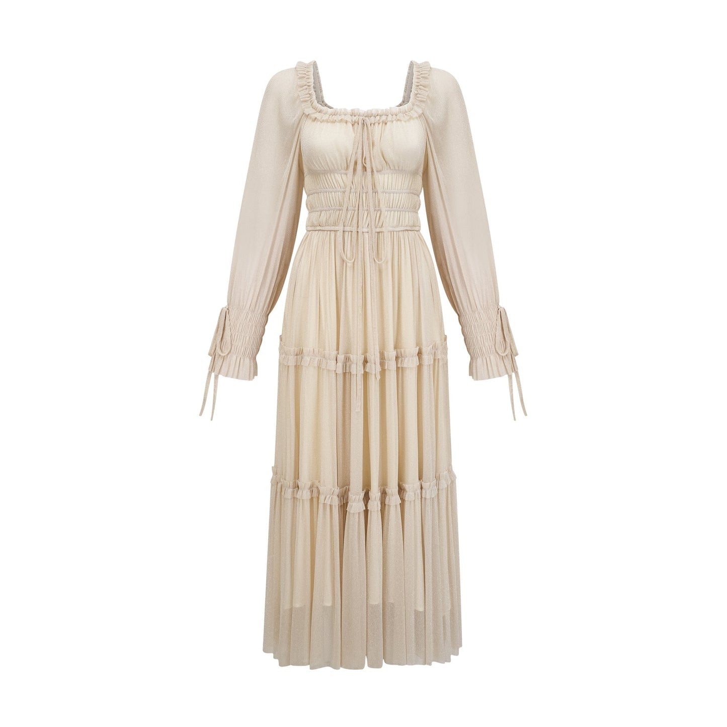 Woman wearing a metallic pleated midi dress with shirred detailing and a flowy silhouette named Camille