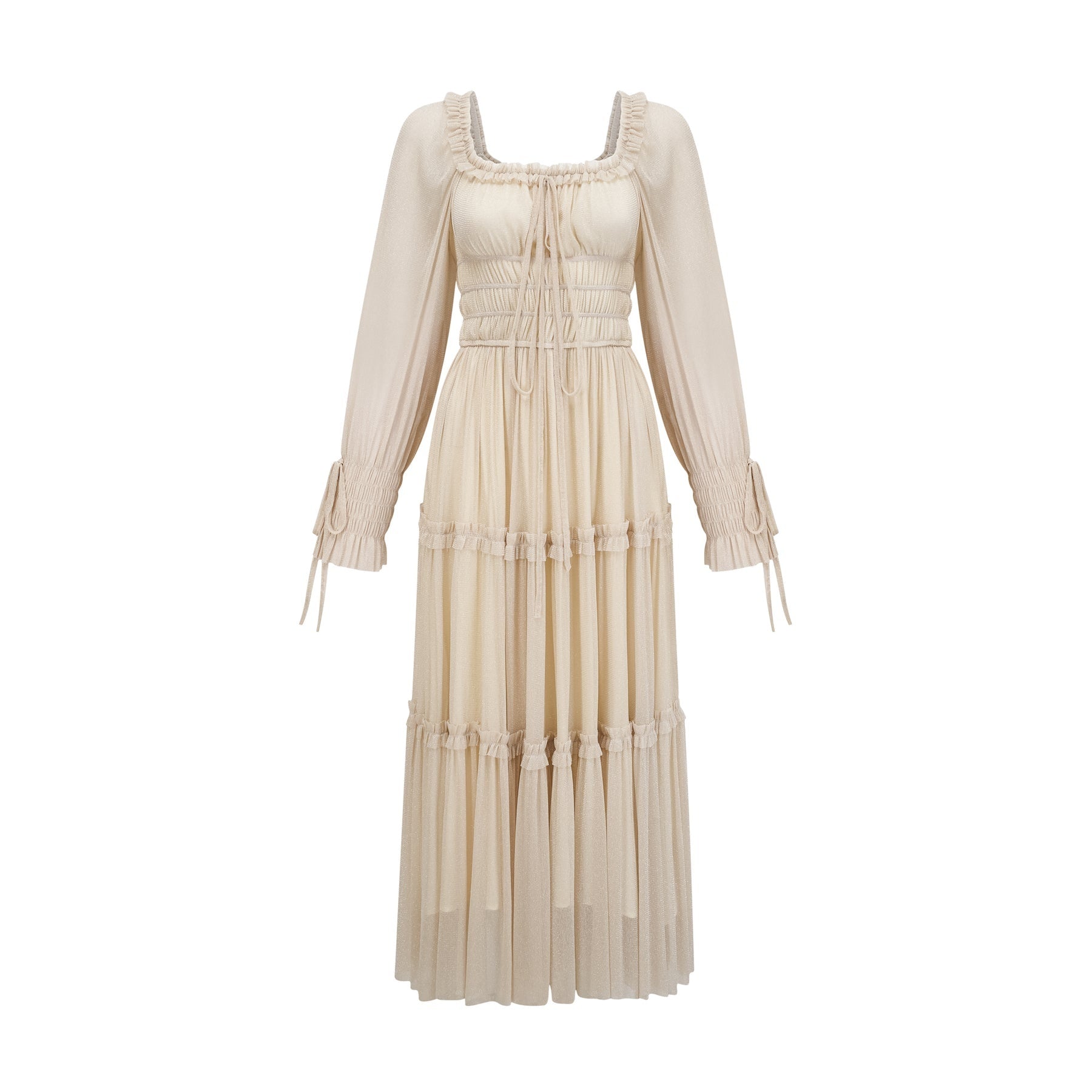 Woman wearing a metallic pleated midi dress with shirred detailing and a flowy silhouette named Camille