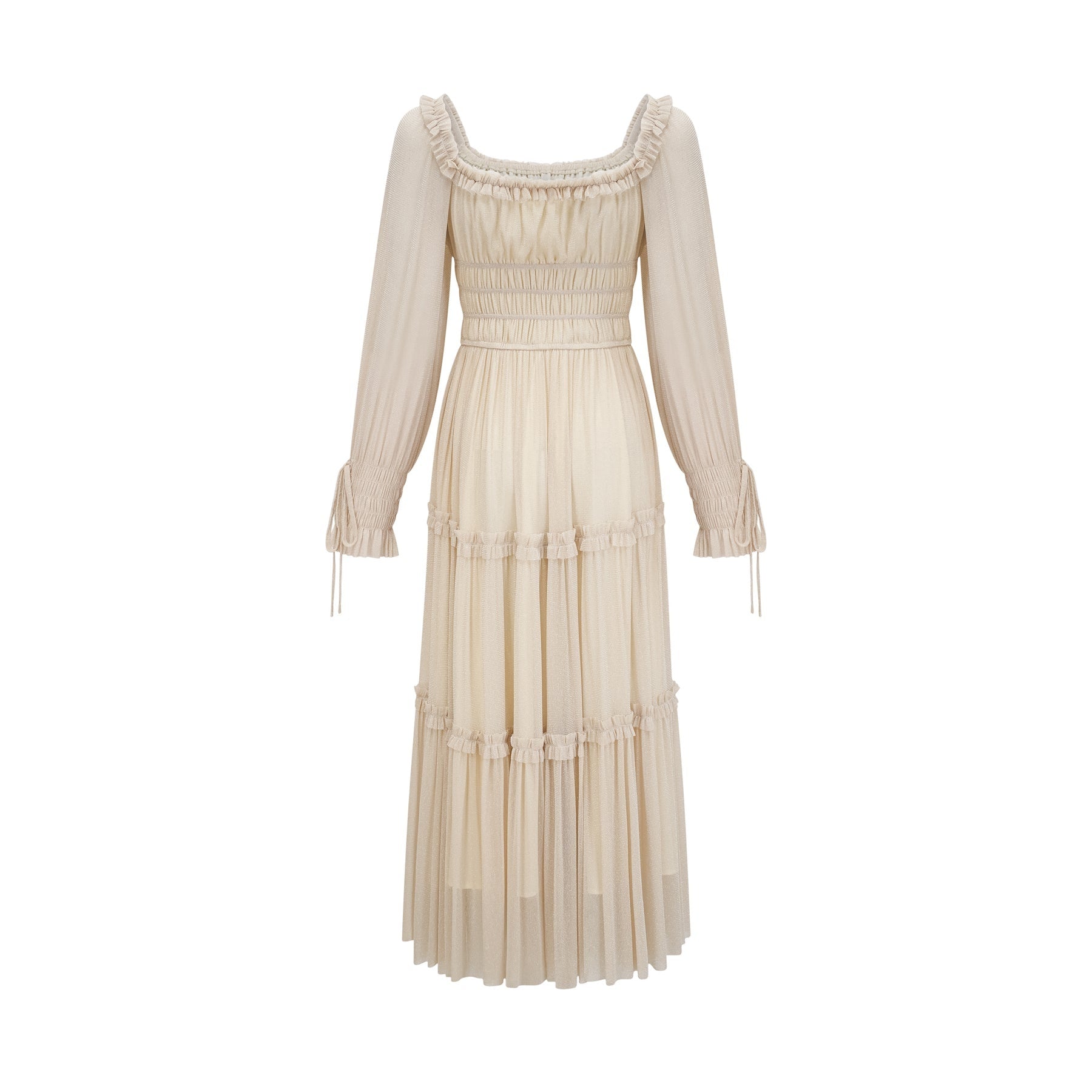 Woman wearing a metallic pleated midi dress with shirred details and a flowy silhouette