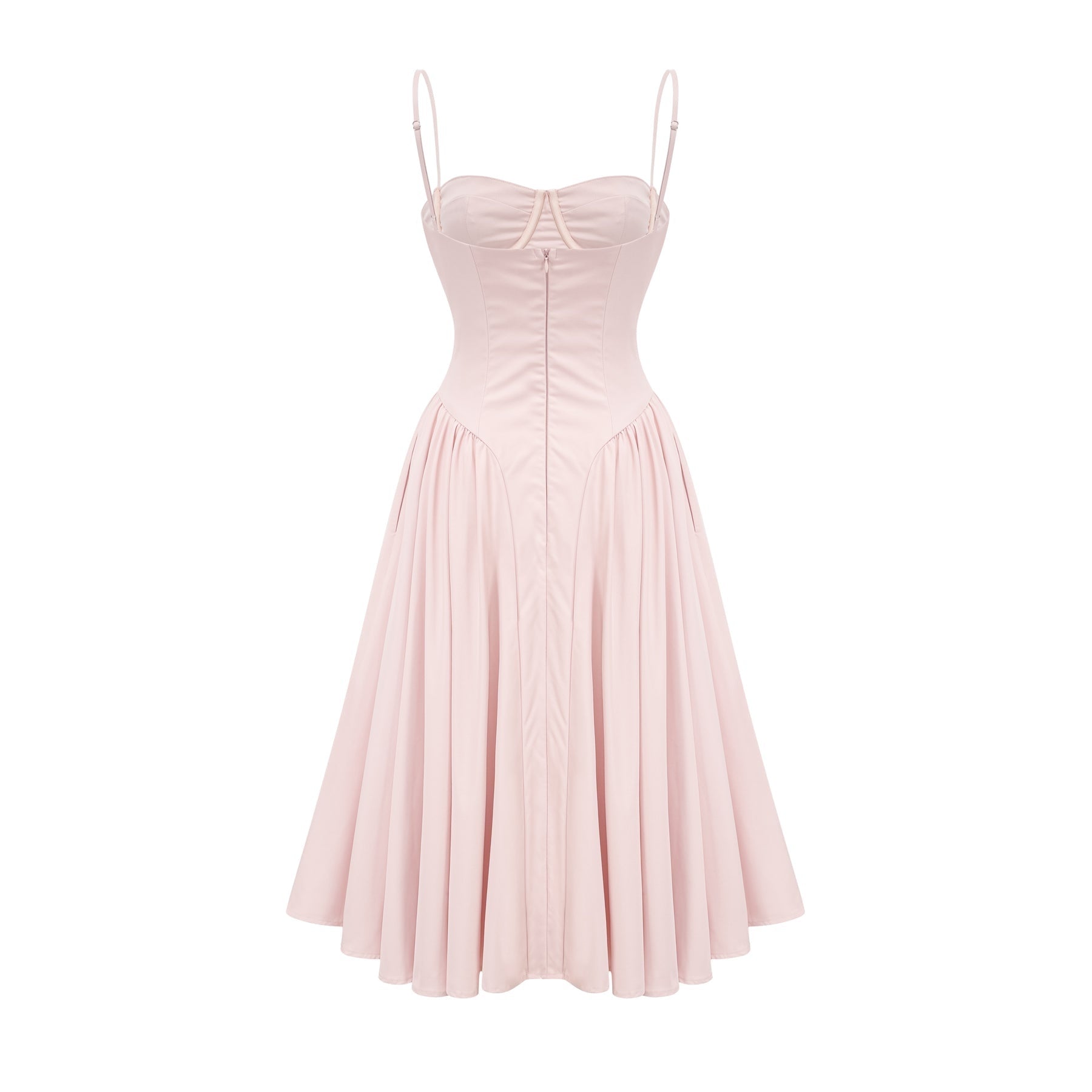 Pink designer dress with sleeveless bustier style delicate spaghetti straps and pleated skirt