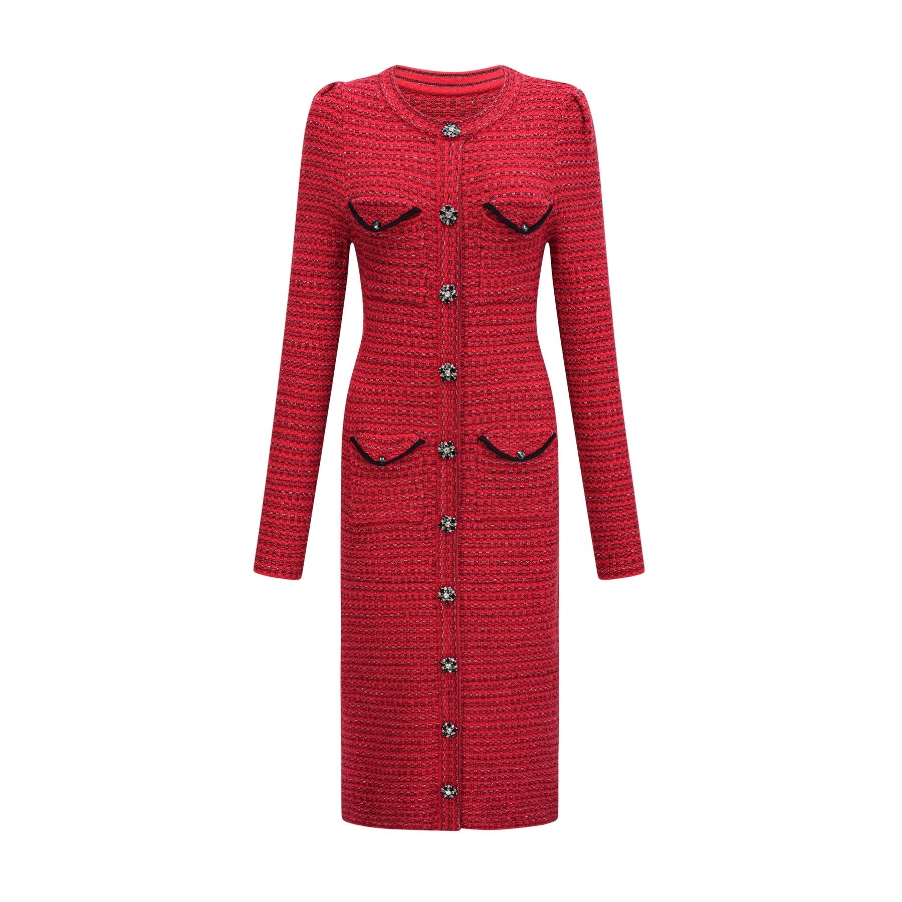 Woman wearing a red knit midi dress with embellishments standing in a neutral background