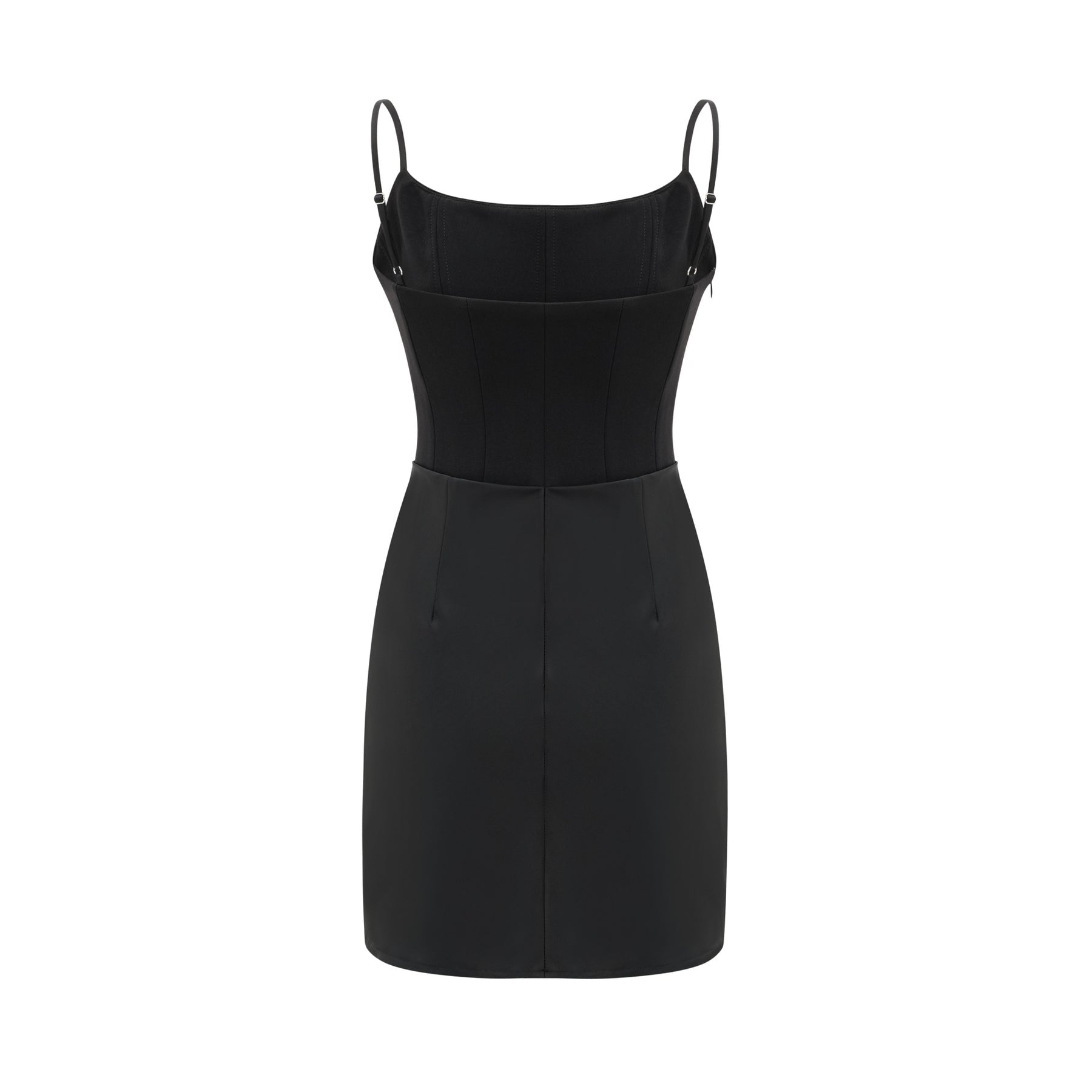A black sleeveless mini dress with spaghetti straps square neck draped design and rear zip fastening Composed of 80% Polyester 20% Cotton