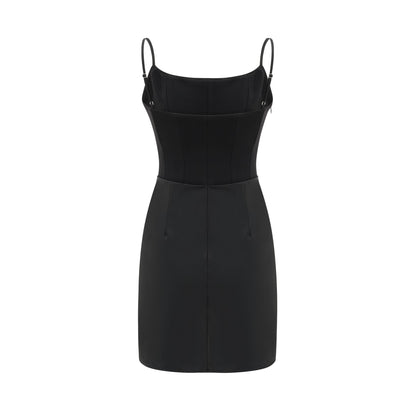 A black sleeveless mini dress with spaghetti straps square neck draped design and rear zip fastening Composed of 80% Polyester 20% Cotton