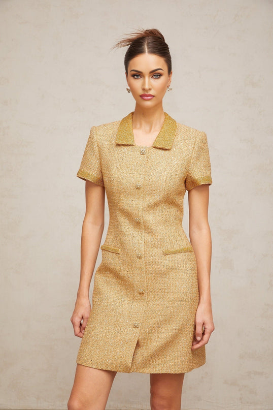 Woman wearing a short gold sequined tweed dress with long sleeves standing against a plain background