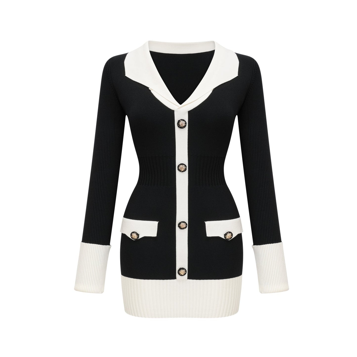 Woman wearing a short wool dress with colorblocked design and ribbed texture in contrasting shades