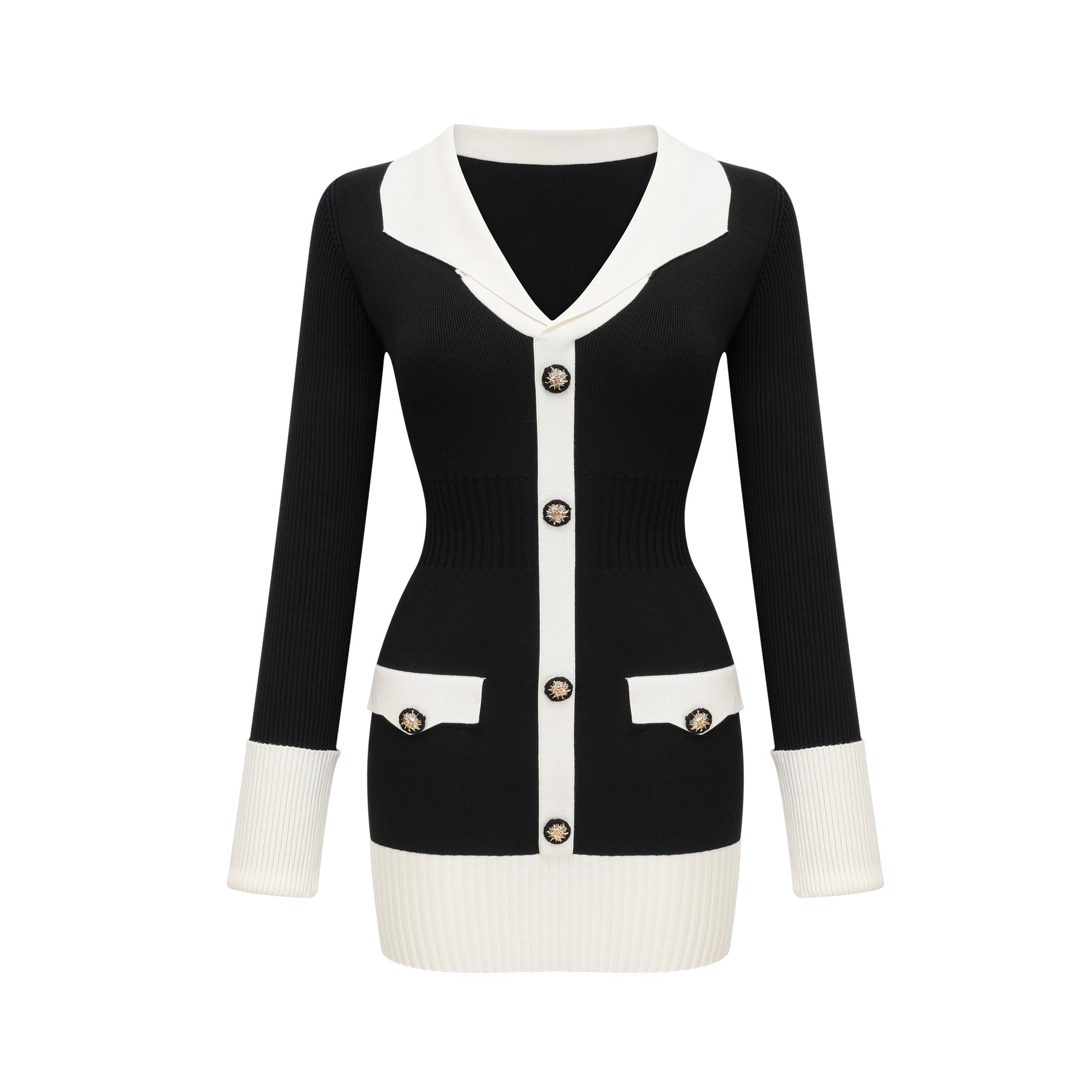 Woman wearing a short wool dress with colorblocked design and ribbed texture in contrasting shades