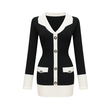 Woman wearing a short wool dress with colorblocked design and ribbed texture in contrasting shades