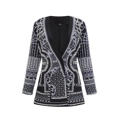 Woman wearing a Vneck blazer dress with Catherine pattern print