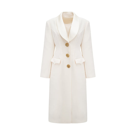 Crisp white wool dress with tonal lapels front button detailing elegant slit ankle length and long sleeves crafted with 45% premium wool 35% durable polyester and 20% soft cotton