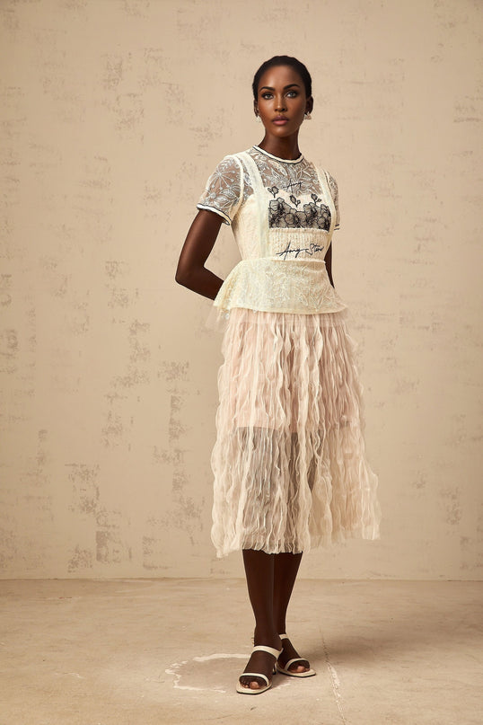 Woman wearing beige midi dress with embroidered tulle overlay and delicate floral pattern standing in neutral background