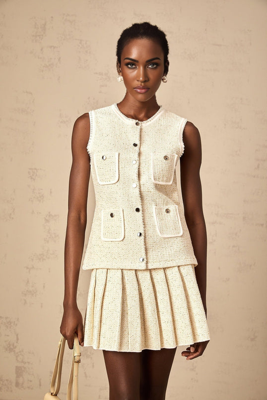 Woman wearing beige sequined knit vest top and matching skirt set